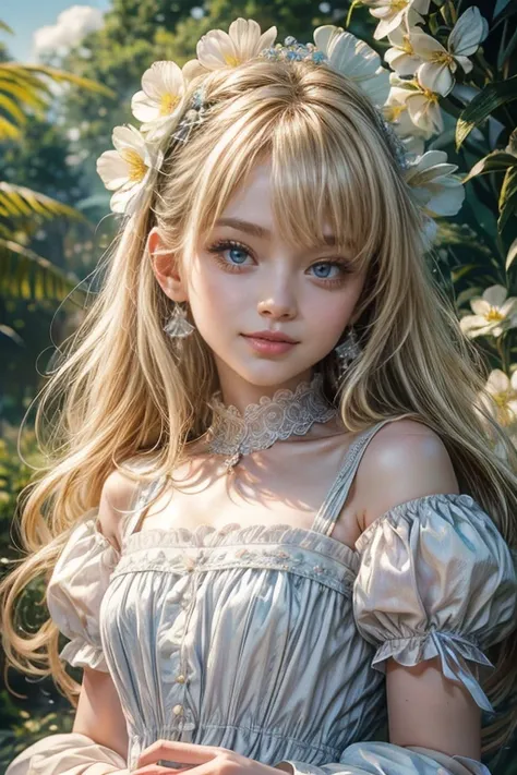 highest quality、masterpiece、Highest Resolution、artwork、３Realistic photo of K、(8-year-old girl）high quality small face、White skin、Big Blue Eyes、Smiling lips、Beautiful Hands、Blonde Hair、Flower-decorated hair ornament、A lolita dress with plenty of white frill...