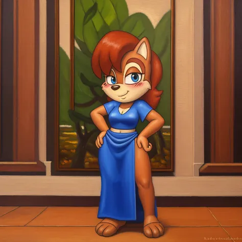 (((oil painting))), (biblically accurate Sally Acorn), (deep blush:1.3), toned body flying in the sky, full body shot, hands on own hips, long gown with pelvic curtain, gleeful,