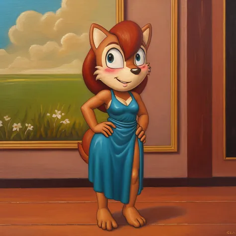 (((oil painting))), (biblically accurate Sally Acorn), (deep blush:1.3), toned body flying in the sky, full body shot, hands on own hips, long gown with pelvic curtain, gleeful,