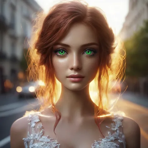 a close up of a woman with red hair and green gold eyes, realistic digital art 4k, realistic digital art 4 k, beautiful digital ...