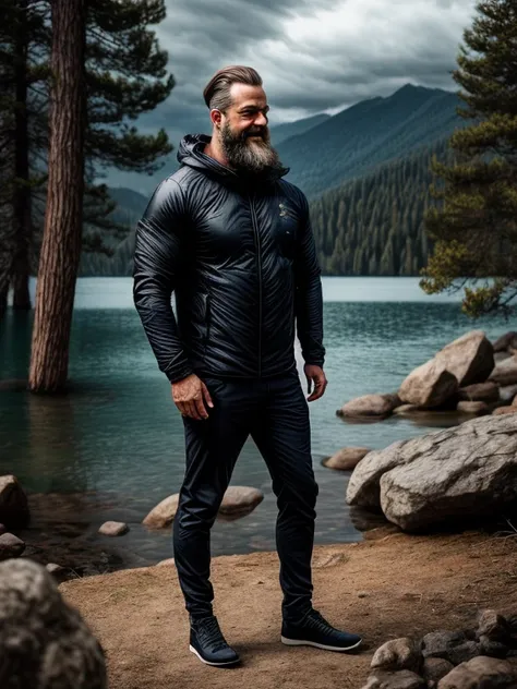 man with brown hair, 40 years, ((viking beard), (((upper body portrait, happy)), nature, a lake on a mountain, (((cloudy weather...