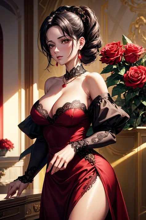 (Extremely detailed CG unit 8k wallpaper, masterpiece, best quality, Super detailed), (Optimal lighting, The best shadow), 45-year-old Spanish woman, Mature, square face, Necklace with a red rose on the neck, Wearing a black lace dress with red, Gold earri...