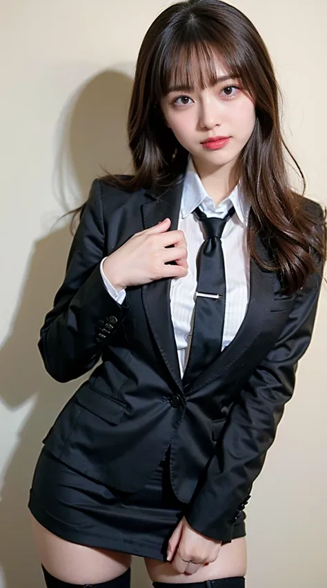 (8k、raw photos、highest quality、masterpiece:1.2)、(realistic、realistic)、1 girl、((black business suit、black mini skirt、black stocki...