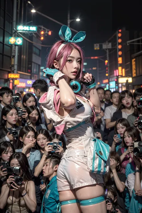 highest quality、surreal、perfect anatomy、crowded downtown area、Wet and shiny white skin、model body shape、micro bikini、Mechanical Fist、Sweat dripping all over the body、Pink and turquoise hair、Super small face、blush、Ahegao、Rainy evening、Natural lighting、Cyber...