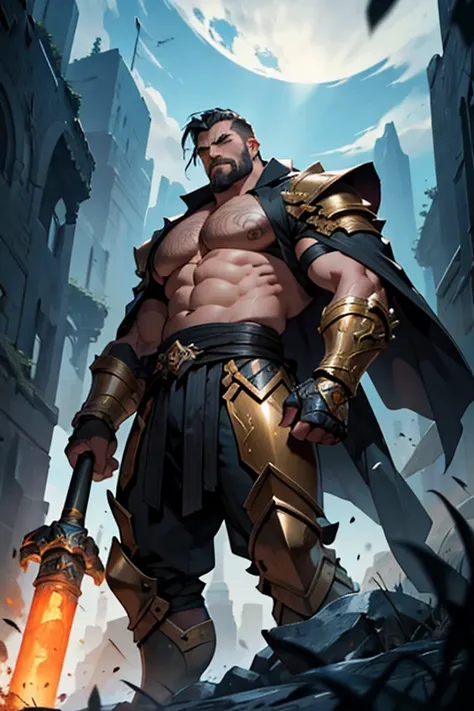 Lets create a character fitting that description:

Name: Titan Hammer

Appearance:
- Titan Hammer is a towering figure, standing well over seven feet tall, with a massive, muscular build that speaks to his immense strength.
- His broad shoulders and chisel...