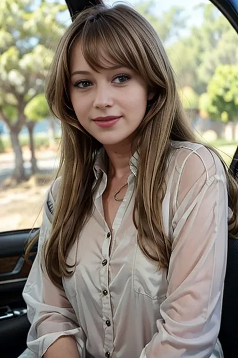 1girl, long hair, looking at viewer, smile, brown hair, shirt, white shirt, collared shirt, parody, realistic, car, hm1