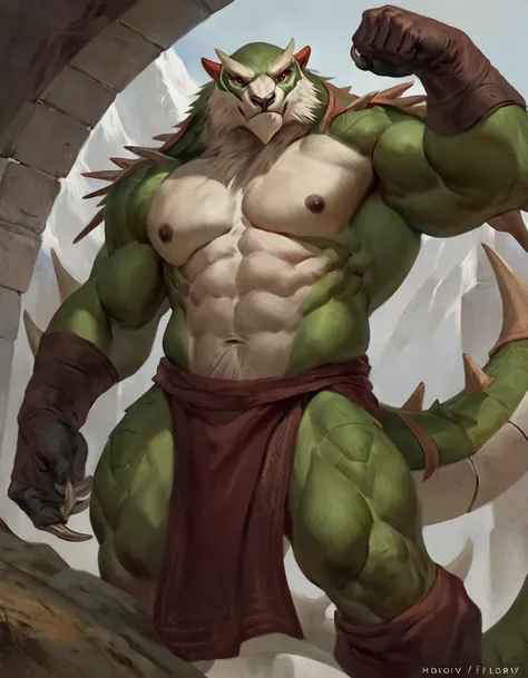 Chesnaught, comic book style, illustration, solo, ferocious, male, [[masculine pose]], monk, robes, masterpiece, best art, full body, by laobai, by taran fiddler, by honovy, detailed eyes, detailed body, claws, masculine body shape, fantasy, tall, topless,...