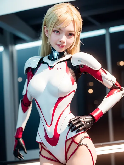 Complex 3D rendering of ultra detailed beautiful porcelain profile woman, robot face, Metal white armor, Luminous red strip, blond, robot, robot parts,Robotic Arm, Robot legs, joint, Grin, Looking at the audience, 150 mm, Soft Light, Rim Light, Vivid detai...