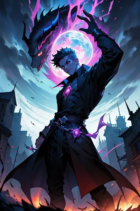 Lets create a male villain with a sinister mastery of black magic:

Name: Shadowcaster

Appearance:
- Shadowcaster cuts a menacing figure, his tall and lean frame draped in dark robes that seem to absorb the light around him.
- His features are sharp and a...