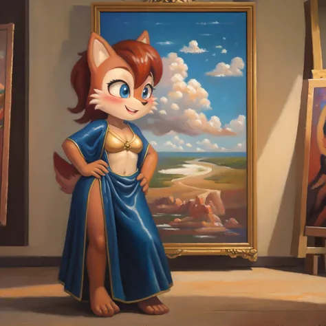 (((oil painting))), (biblically accurate Sally Acorn), (deep blush:1.3), toned body flying in the sky, full body shot, hands on own hips, long gown with pelvic curtain, gleeful,