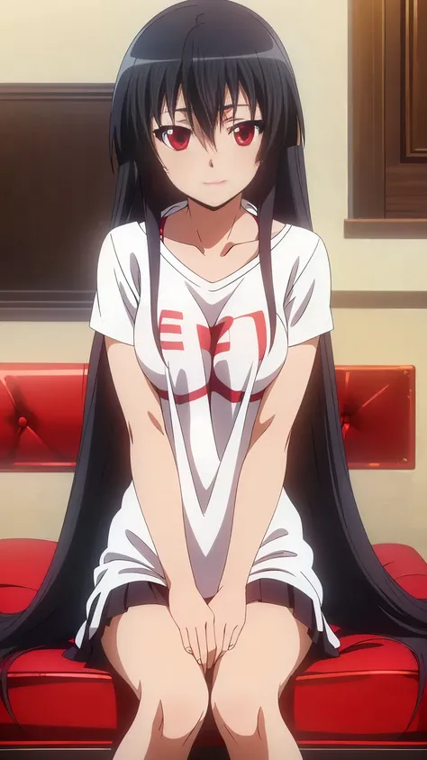 ((Master piece , best quality )),perfect face beautiful red eyes, black hair,(( very long hair )),between eyes hair , blushing ,smile,looking at me, full body, ((1girl,solo)),Akame, ((T-shirt, white shirt , short )),sitting on sofa