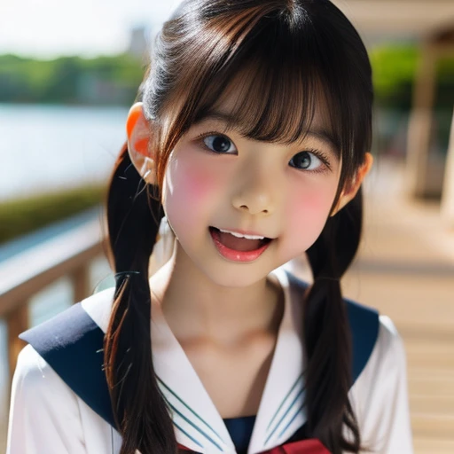 Japanese,10 years old,Twin tails,profile,Please turn to the side,Face close-up,Please open your mouth wide,Stick your tongue out.,Show me your tongue,cute,Summer sailor uniform