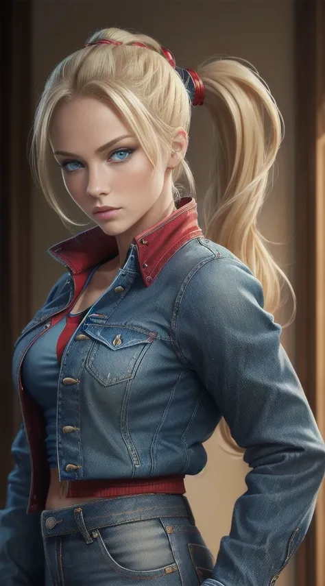 (blond girl, blue eyes, ponytail hair, blue shirt, red jacket, womens jeans, sensual pose, very detailed, masterpiece:1.2), Hd quality, ultra-detailed, realistic, vibrant colors, soft lighting, oil painting style