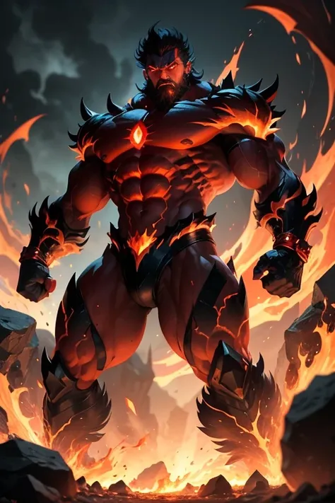 Lets create a fearsome monster with a body made of lava:

Name: Inferno Goliath

Appearance:
- Inferno Goliath is a towering behemoth, standing over fifteen feet tall, with a massive and imposing frame that seems to radiate heat and power.
- His body is co...