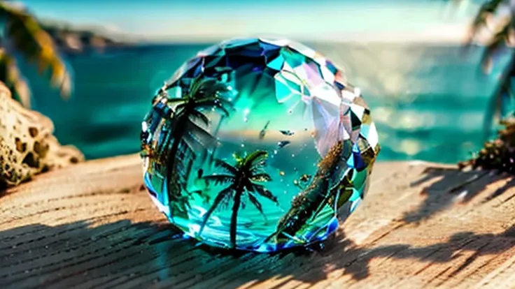 a beautiful glass bottle landscape,ocean waves crashing against a glass bottle on the sandy shore,sparkling reflections on the glass surface,shimmering sea creatures floating inside the bottle,gentle sunlight illuminating the scene,crystal clear blue water...