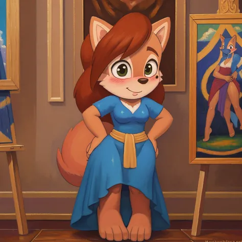 (((oil painting))), (biblically accurate Sally Acorn), (deep blush:1.3), toned body flying in the sky, full body shot, hands on own hips, long gown with pelvic curtain, gleeful,