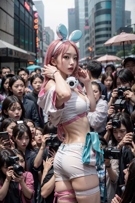 highest quality、surreal、perfect anatomy、crowded downtown area、Wet and shiny white skin、model body shape、micro bikini、Mechanical Fist、Sweat dripping all over the body、Pink and turquoise hair、Super small face、blush、Ahegao、Rainy evening、Natural lighting、urban...