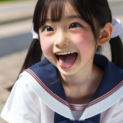 Japanese,10 years old,Twin tails,profile,Turn to the side,Look up,Face close-up,Please open your mouth wide,Stick your tongue out.,Show me your tongue,cute,Summer sailor uniform