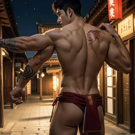 Alafard man shirtless  and white brief carrying a backpack, muscular body, handsome,  manly,  inspirite by Zhang Han, Cai Xukun, Kim Do-young, Inspired by Bian Shoumin, Inspired by Xiao Yuncong, yihao ren, yanjun cheng, jinyiwei, inspired by Huang Gongwang...