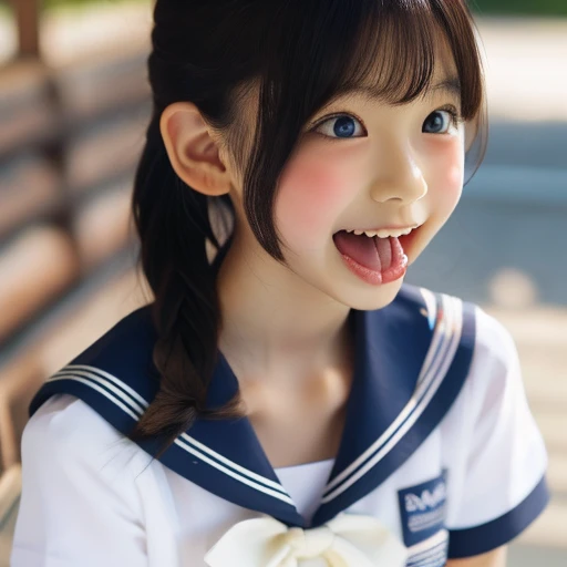 Japanese,10 years old,Twin tails,profile,Turn to the side,Look up,Face close-up,Please open your mouth wide,Stick your tongue out.,Show me your tongue,cute,Summer sailor uniform