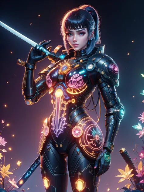 (neon)，circuit board，(1 mechanical girl)，(holding a sword:1.4)，shadow，super sharp，(metal)，(cool colors)，rendering on cgsociety，f...