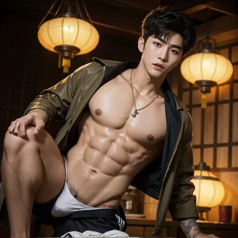 Alafard man shirtless  and white brief carrying a backpack, muscular body, big chest and,  show of the abs,  sexy posture,  handsome,  manly,  inspirite by Zhang Han, Cai Xukun, Kim Do-young, Inspired by Bian Shoumin, Inspired by Xiao Yuncong, yihao ren, y...