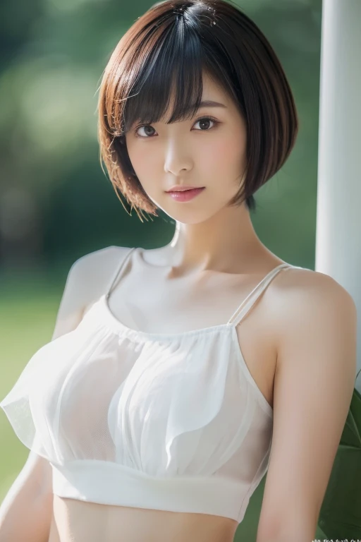 ((Top Quality, 8k, Masterpiece: 1.4)), japanese woman, ((blush, very short bob cut, skinny:1.2)), ((30 years old:1,2)), ((looking at viewer:1.4)), see through white tank top, 