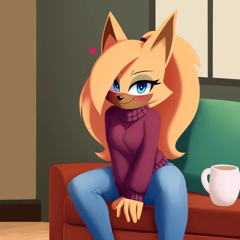 score_9, score_8_up, 1girl, solo, Whisper the wolf, blue eyes, blushing, sitting, living room, sweater, jeans, smile, closed mouth, cute, hearts, looking at viewer, lineless style, 2D 