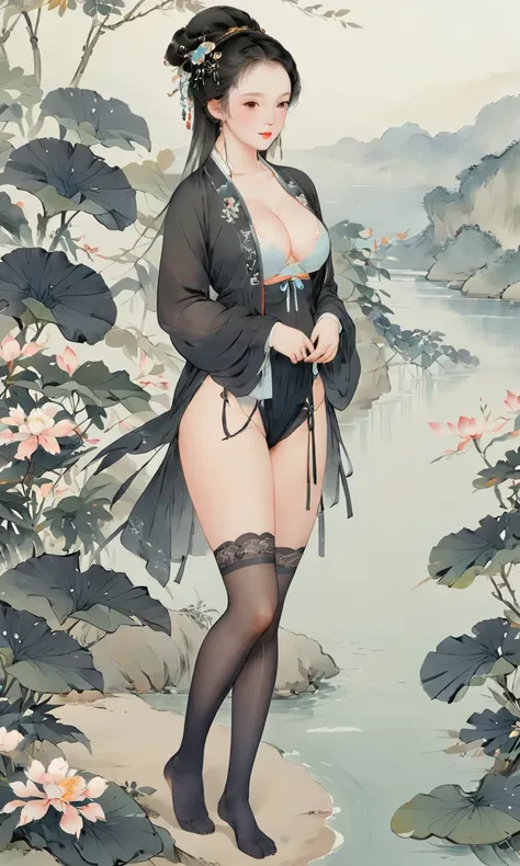 8k, masterpiece, best quality, two-dimensional, (Chinese traditional ink painting:0.2) 1girl, (perfect hands:1.4), (seethrough black stockings:1.4)，Wearing seethrough thin hanfu miniskirt，The black stockings on the legs are exposed，gigantic breasts, (huge ...