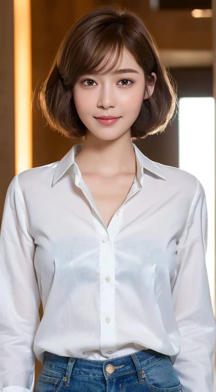 ((highest quality, 8k, masterpiece: 1.3)), 1 girl, The beauty of slim abs: 1.3, (Hairstyle Brown Hair Short Cut, big: 1.2), White shirt and jeans: 1.1, Super slender face, Delicate eyes, double eyelid, smile, wine bar, RAW Photos