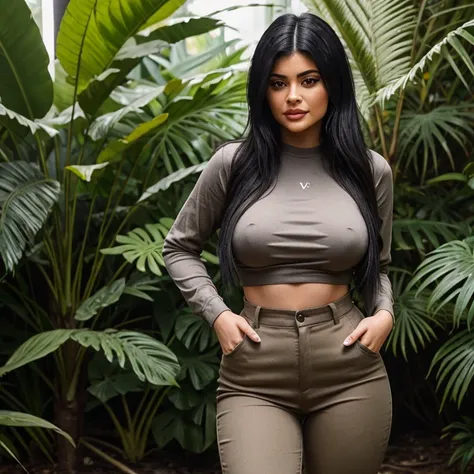 Kylie jenner with a grey v-shirt and brown pants, big round tits, big mouth, big eyes and long straight black hair in the jungle