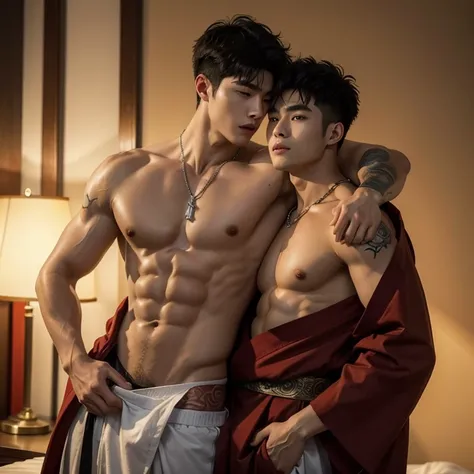 Alafard 2 man kissing,  hug,  cuddle,  romantic, touching lips,  shirtless  and white brief carrying a backpack, Full body shoots, muscular body, big chest and,  show of the abs,  detailed abs,  sexy posture,  super handsome,  manly,  inspirite by Zhang Ha...