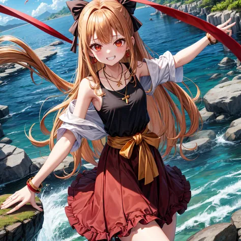 Brown, red, gold, golden hair、Red eyes、One good looking girl、solo、anime、Checkered mini skirt、Black camisole、Black T-shirt、hoodie、Wearing a ribbon、Ribbon on waist、Crystal Earrings、Gemstone Necklace、Light and shadow、Tilting face、Teeth are visible、waterfall、K...