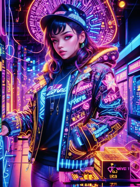 (Neon)，Circuit Board，(Representative :1.2), 16k, neon background, Cyberpunk background, Cyberpunk, get off the sports car, Neon lighting effect reflected on the characters body, neon lighting effect, line neon,1 girl, night, blurred background, brown eyes,...