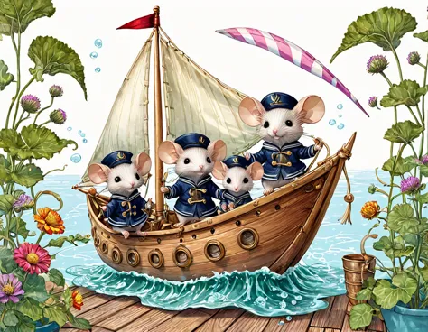 illustration of a doll-like ship with a sail crafted from burdock leaves, four adorable sailor mice adorning the deck of the ves...