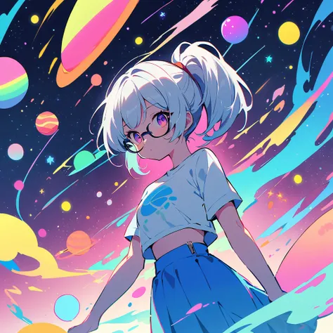 Stars and planets floating in outer space, 1 Girl Skin, Small Breasts, Wearing thick-framed glasses, Highlights her facial features, short hair, Ponytail and Gray, silver shirt, She wore another tight shirt underneath her shirt, Bright colors, and blue ski...