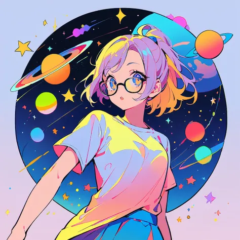 Stars and planets floating in outer space, 1 Girl Skin, Small Breasts, Wearing thick-framed glasses, Highlights her facial features, short hair, Ponytail and Gray, silver shirt, She wore another tight shirt underneath her shirt, Bright colors, and blue ski...