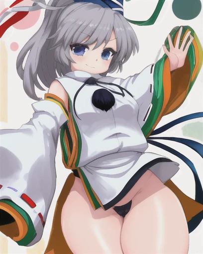 mononobe no futo, One Girl, Long sleeve, Sleeves edged with ribbon, Gray Hair, blue eyes, Proud face,
Underbust,  Medium Chest, Butt,Thighs,Plump，milk,Underarm,Underbust，vapor，High Leg,Raise one leg