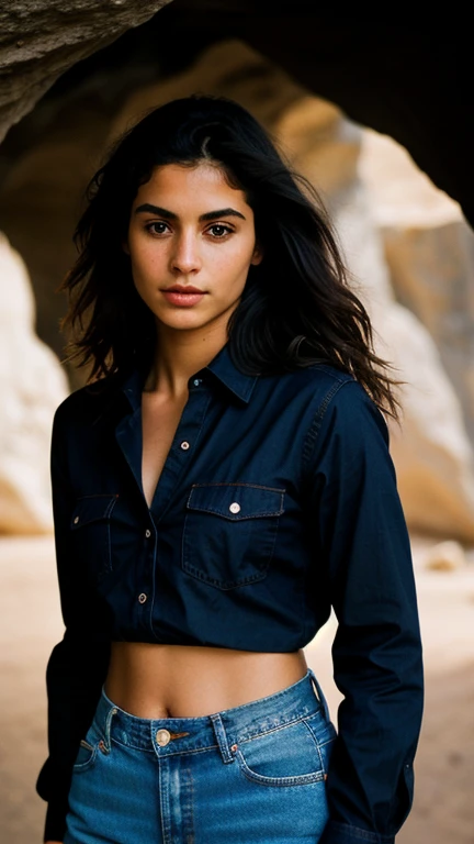 photograph of a woman, pelo negro, camisa de franela a cuadros con jeans boyfriend desgastados, tiro de vaquero, dark and mysterious cave with unique rock formations and hidden wonders, ojos perfectos, (luz de una vela,chiaroscuro), Porta 160 color, dispar...