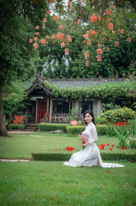 A beautiful Asian girl wearing Vietnamese ao dai, reposing on grass in a flower garden, smirking, showcasing medium size breasts, thighs, lower underwear.