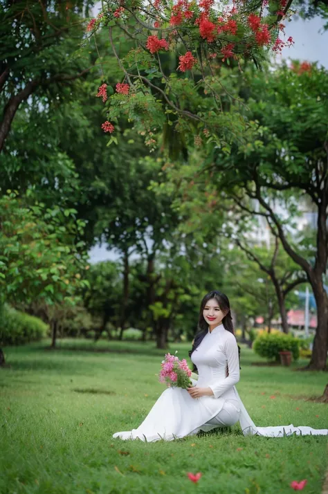 A beautiful Asian girl wearing Vietnamese ao dai, reposing on grass in a flower garden, smirking, showcasing medium size breasts, thighs, lower underwear.