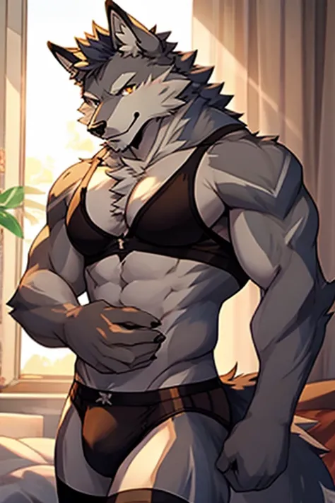 Male furry wolf character; wearing bra, panties and long striped stockings