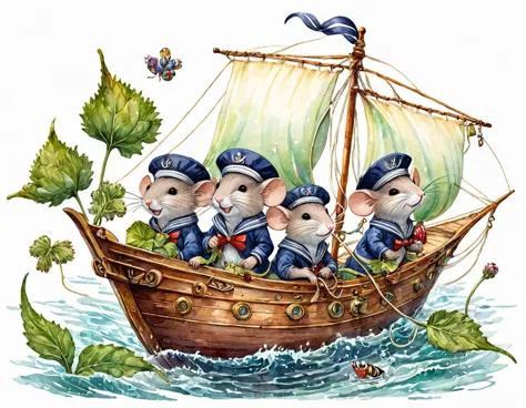 watercolor illustration for a children's book featuring a whimsical ship from dostochka adorned with burdock leaf sails, populat...