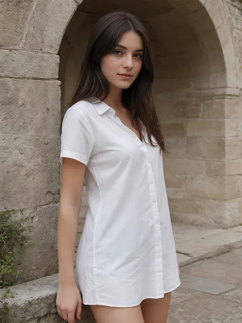 Brune de 20 ans, chemise blanche, gros seins, pas de soutiens gorge, dehors, Chateau 