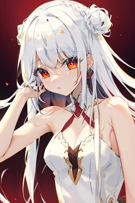 1 Girl，Solitary，Hair ring,Half bun，Iceberg Beauty,1 Girl,Red Eyes,long hair,Ji_cut,{hair in takes},Medium breasts,white hair,silver_hair，