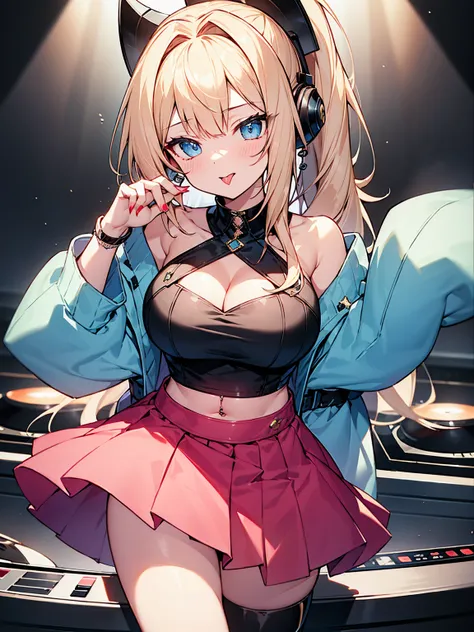 highest quality、masterpiece、4K、Blonde、Long ponytail、Slanted Eyes、blue eyes、DJ gal、pink off shoulder clothes、Cleavage、Have many ear piercings、Belly button piercing、bracelet、Lots of accessories、Headphones、Pink Lips、Large Breasts、Short skirt、Knee-high boots、A...