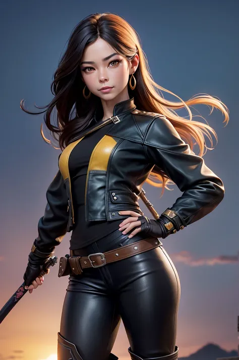 Kristin Kreuk avec queue de cheval, Yeux verts, Portrait complet du corps,  Dressed in black leather pants and a yellow leather jacket, bottes en cuir noir, earrings, Collier pour chien, gros seins, Taille fine, gros cul. Prenant la pose avec un katana tel...