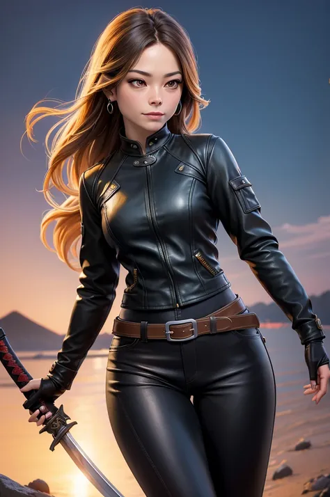 Kristin Kreuk avec queue de cheval, Yeux verts, Portrait complet du corps,  Dressed in black leather pants and a yellow leather jacket, bottes en cuir noir, earrings, Collier pour chien, gros seins, Taille fine, gros cul. Prenant la pose avec un katana tel...