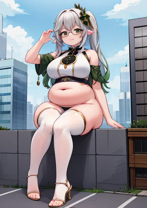 (masterpiece, best quality, highly detailed), 1girls, big belly, huge belly, art by kipteitei, round belly, chubby, curvy, belly grab, enormous belly, fat belly, thicc, bigger belly, really big belly, jiggly belly, glasses, thighhighs, smug face, sitting, ...