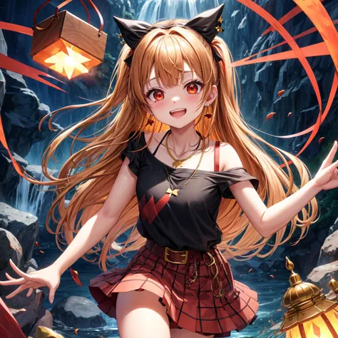 Brown, red, gold, golden hair、Red eyes、One good looking girl、solo、anime、Checkered mini skirt、Black camisole、Black T-shirt、hoodie、Wearing a ribbon、Ribbon on waist、Crystal Earrings、Gemstone Necklace、Light and shadow、Tilting face、Teeth are visible、waterfall、K...